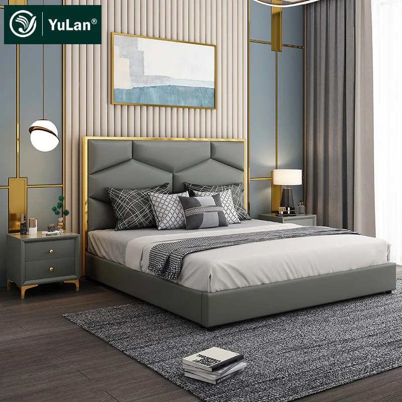 High quality bedroom furniture luxury headboard gray Pu Storage latest modern double bed