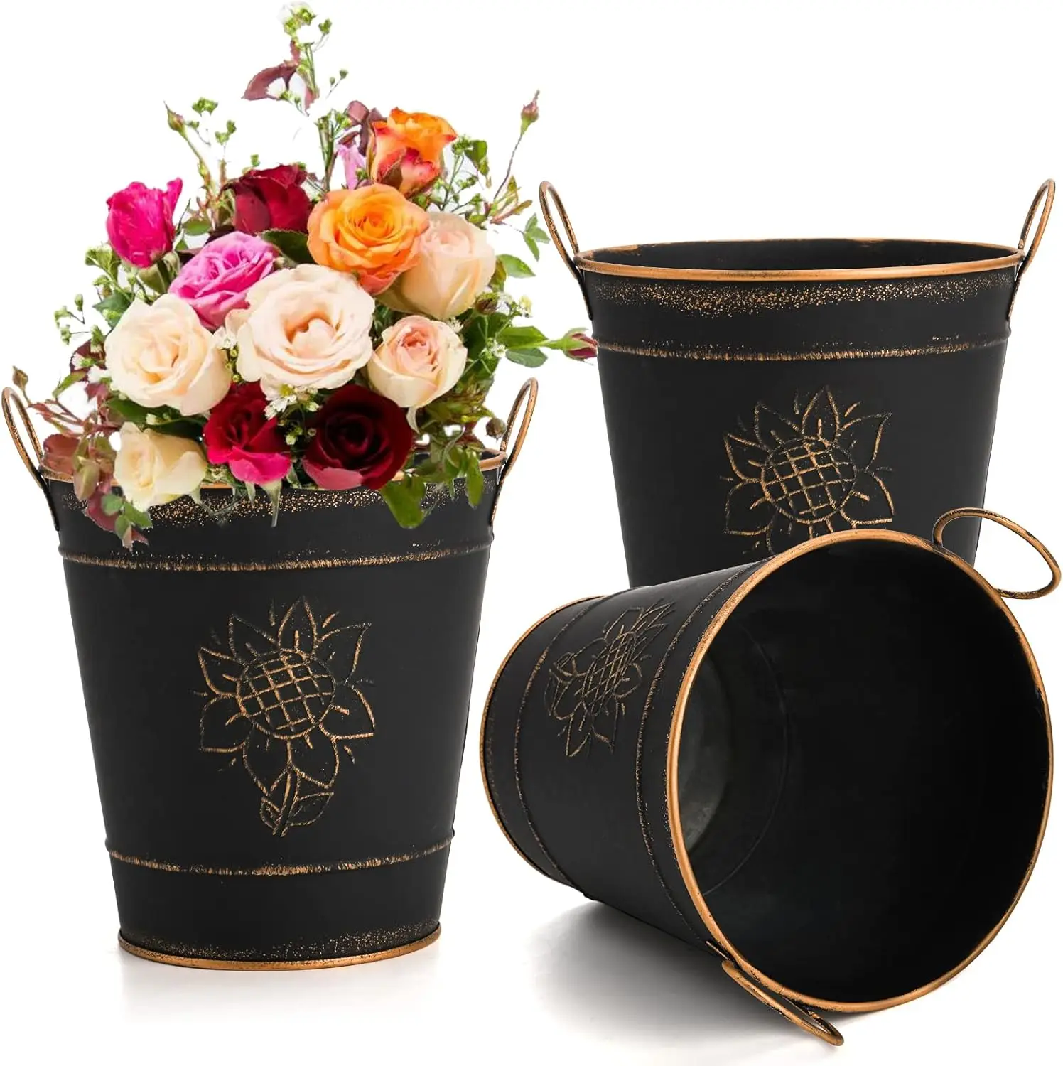 Metal Galvanized Flower Bucket Rustic Farmhouse Metal Flower Vase  Vintage Plant Pot Decorative Tin Pails with Handles