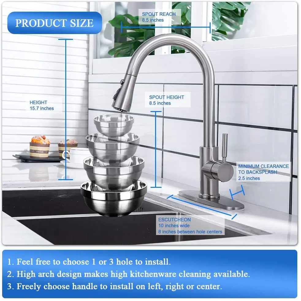 
single handle 304 stainless steel pull out kitchen faucet with deck plate 