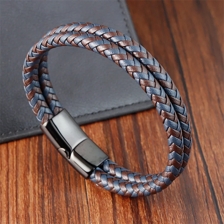 Fashion Double Layers Braided Wristband Bangle Custom Logo Stainless Steel Magnetic Buckles Colorful Genuine Leather Bracelets