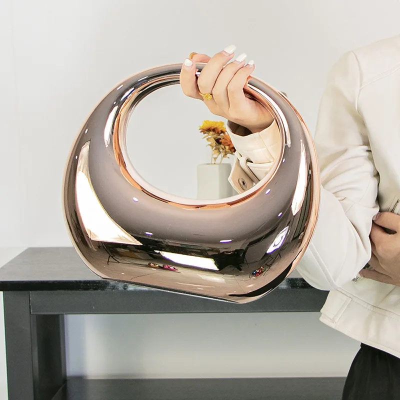 Trendy Stylish Metallic Foil Gold Hobo Handbag Half Moon Elegant Ladies Acrylic Clutch Evening Bag for Women