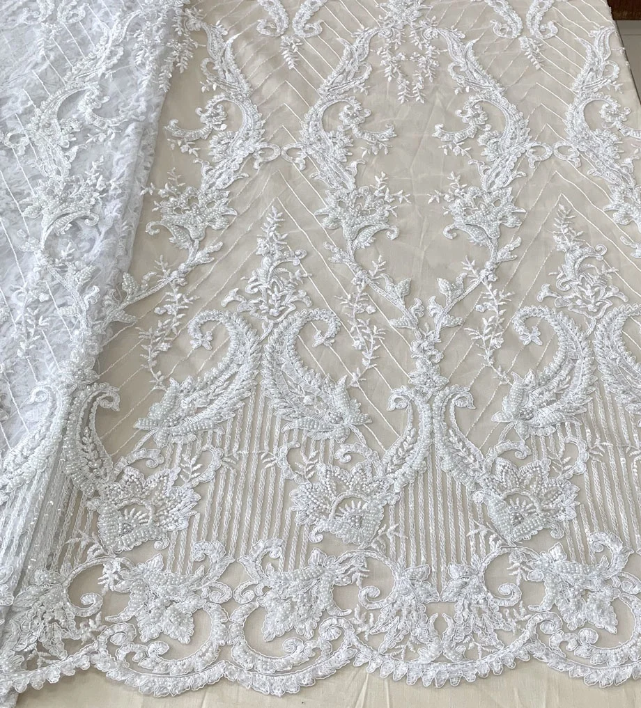 Свадебная белая кружевная вышитая бисером ткань высокого качества ручной работы вышитая ткань для свадебного платья