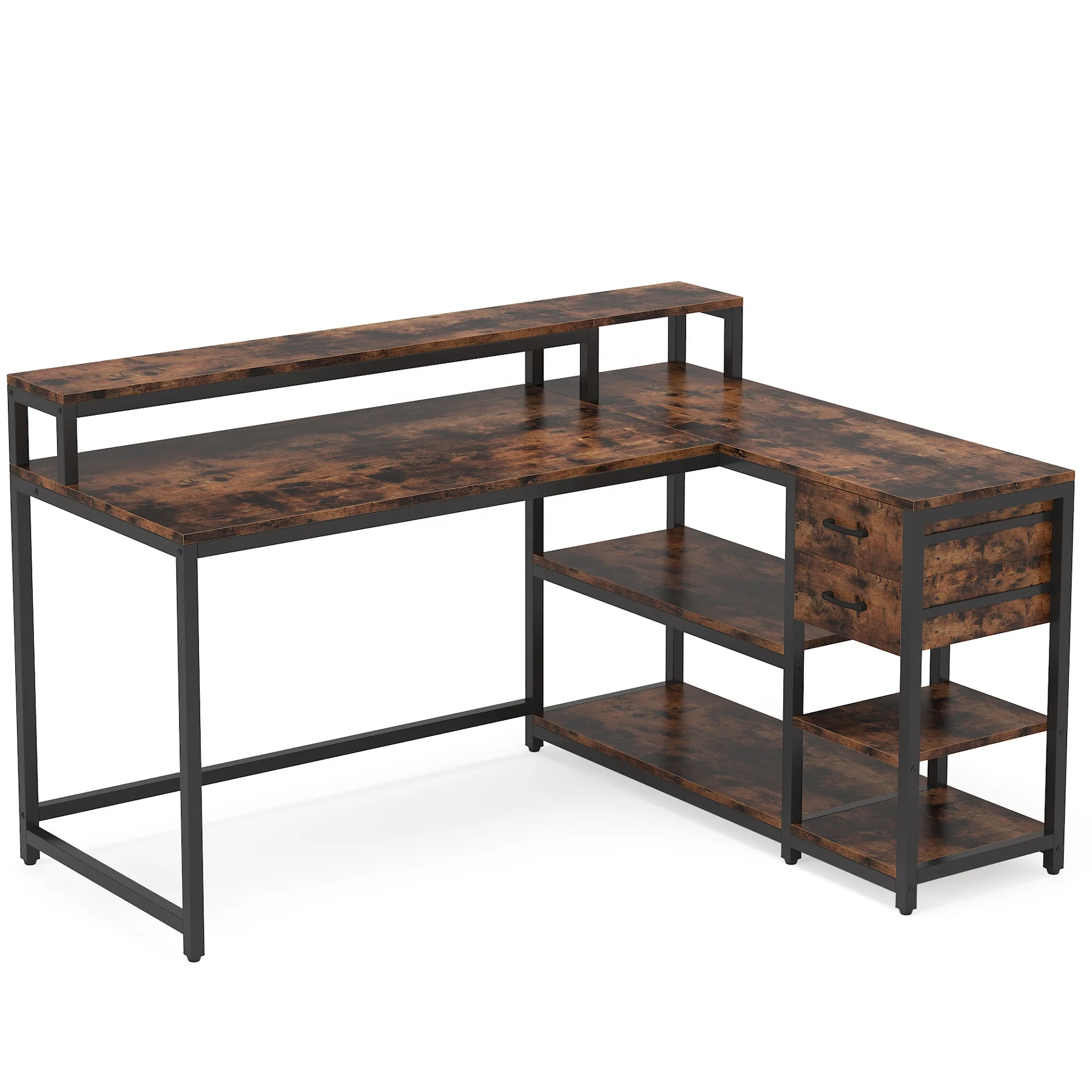 Tribesigns L Shaped Desk with Drawer Industrial Home Office Furniture Rustic Wooden and Metal PC Computer Desk