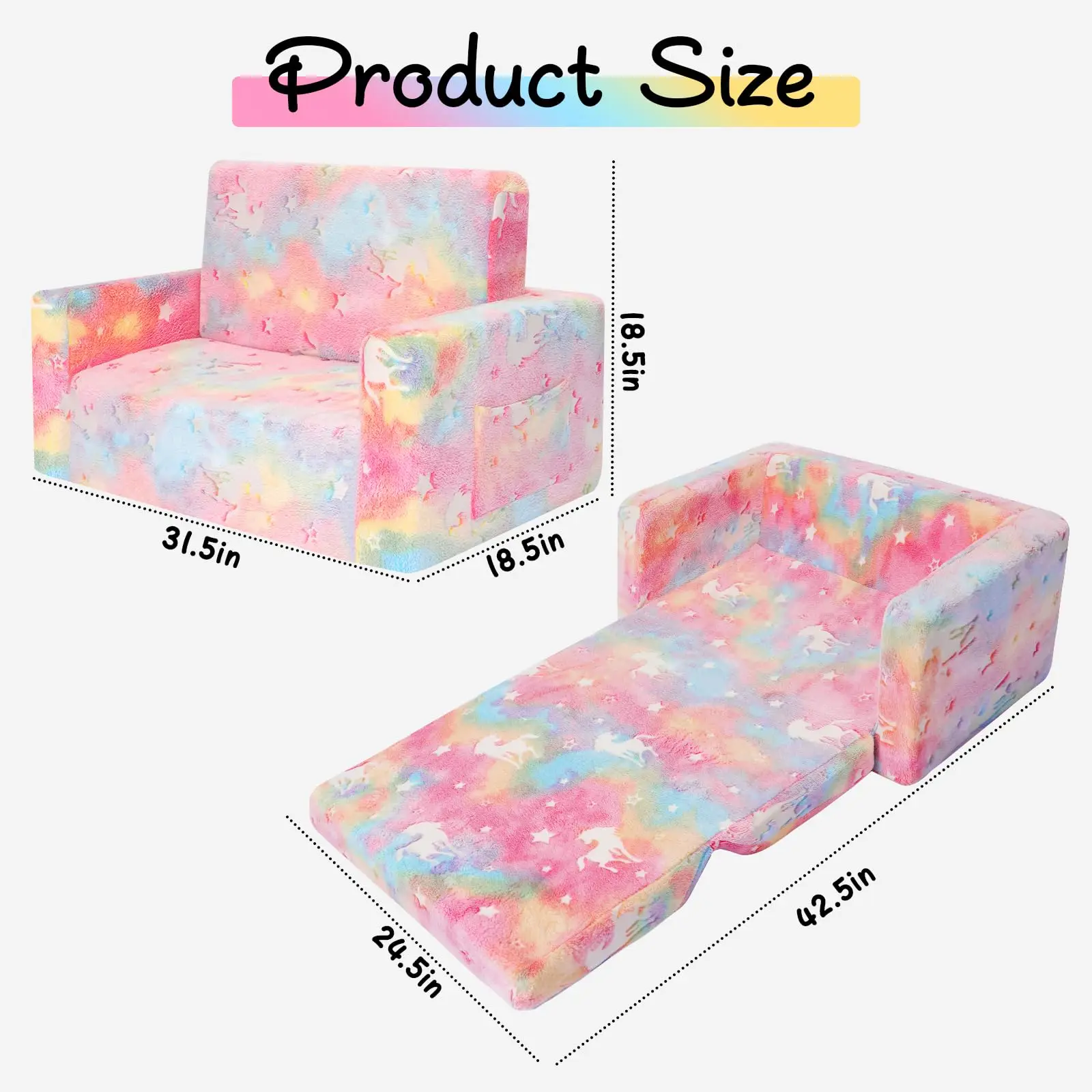 Custom New Type Toddler Fold Out Kids Sofa Chair Convertible Sofa  Pull Out Couch Pink Unicorn Glow in The Dark Sofa Chair