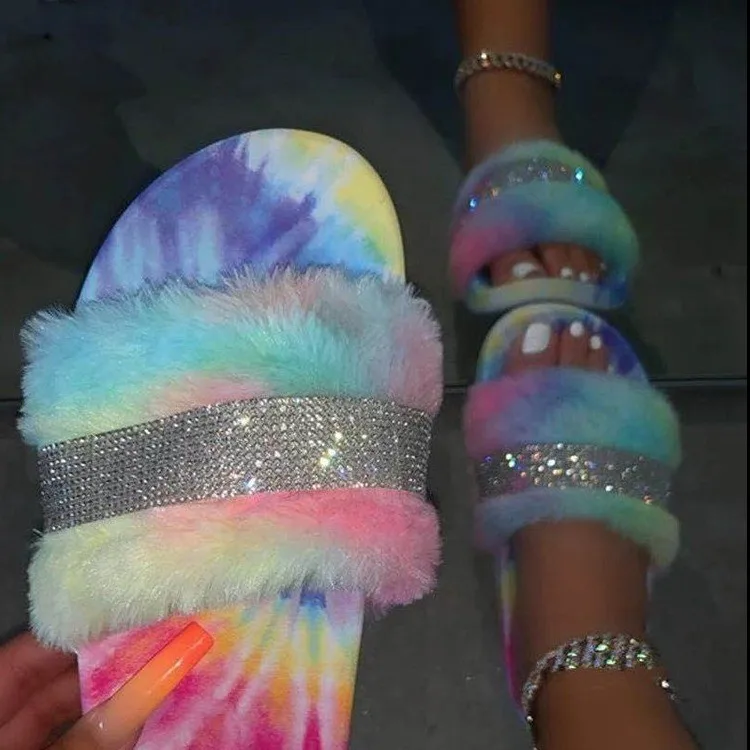 Winter Luxury Rhinestone Women Warm Fur Slippers Cozy Fluffy Furry Slides Crystal Flat Indoor Design Home Shoes Ladies