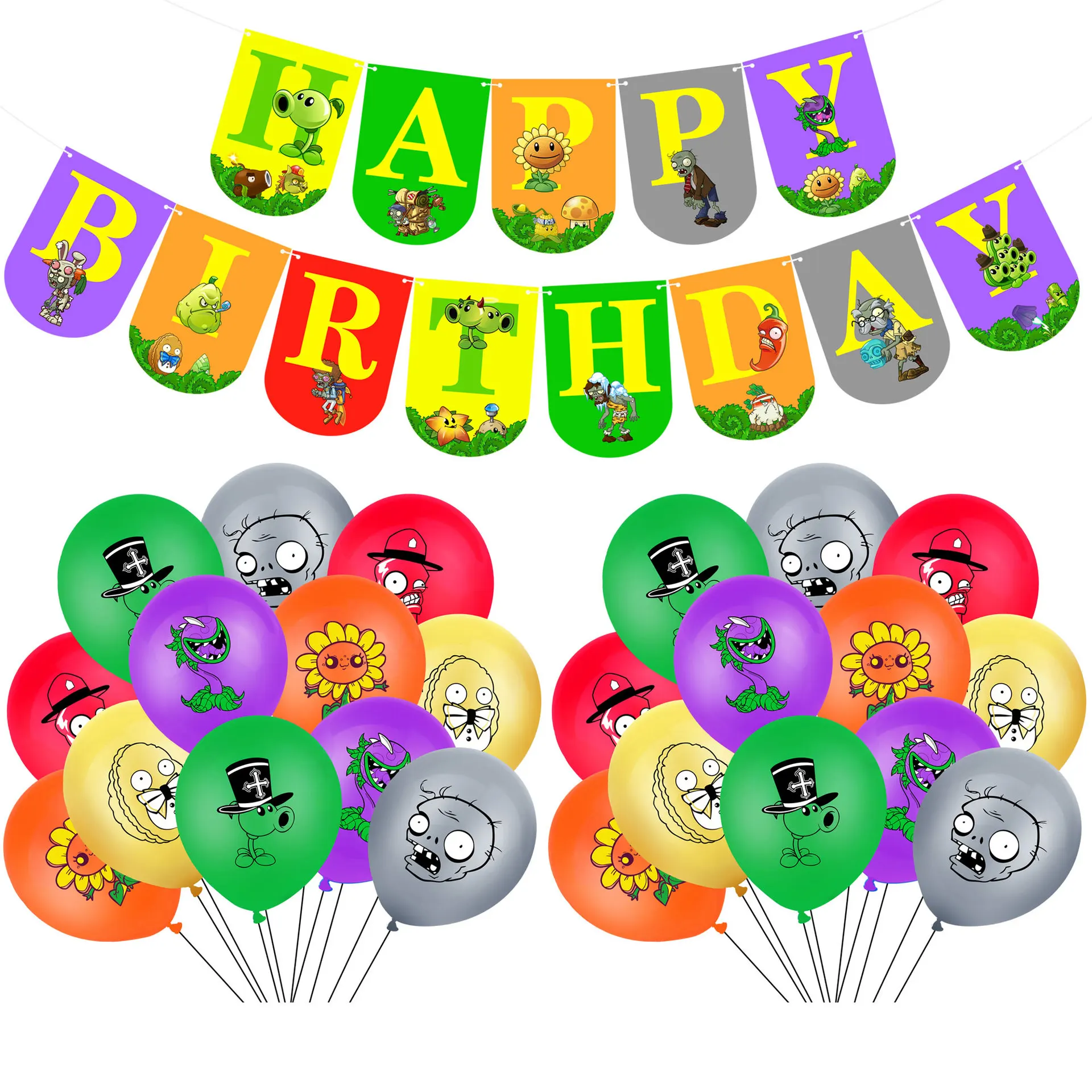 Plants V.S. Zombies Theme Happy Birthday Cake Topper Paper Banner  Party Decoration Set