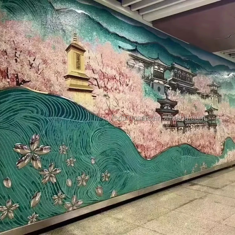 Custom flower landscape bird handmade picture pattern full glass art mural mosaic tile for wall decoration