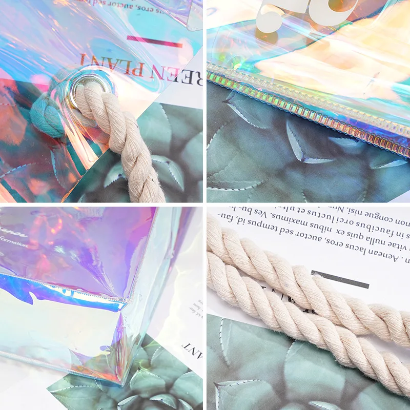 Custom Printed Logo Clear PVC Laser Tote Holographic Bag, Luxury Hologram Handle Bag Waterproof Pvc Iridescent Tote Shopping Bag