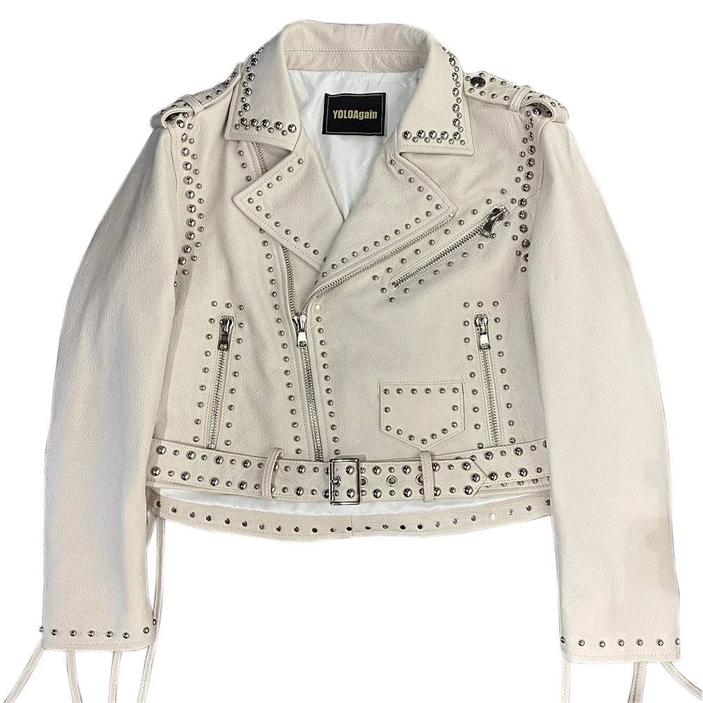 Genuine leather ladies jackets leather jacket biker ladies leather studded jacket