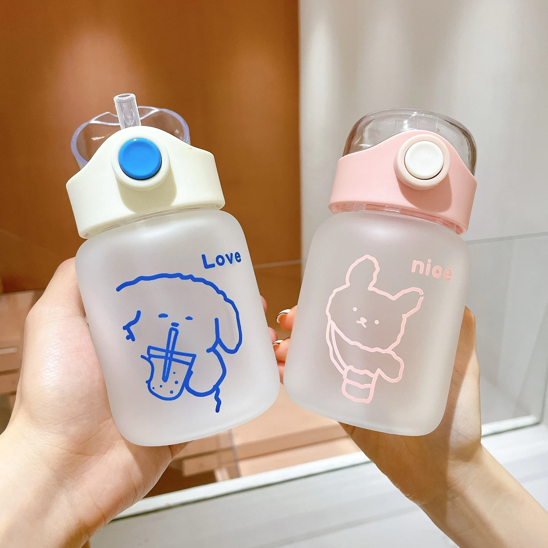 Cute Cartoon Bear Fresh Glass Ins Water Bottle Cup With Straw Portable Mini Small Kids Milk Cup Gift Glass Bpa Free