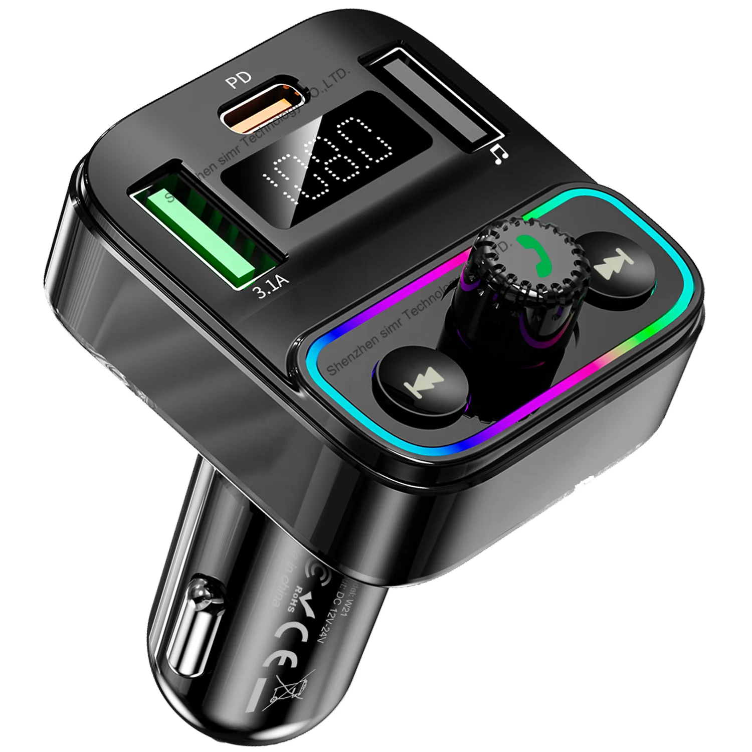 New Bluetooth Car mp3 Player FM Transmitter Hands Free Car kit Colorful Light USB Audio Receiver Type-C Dual USB Car Charger