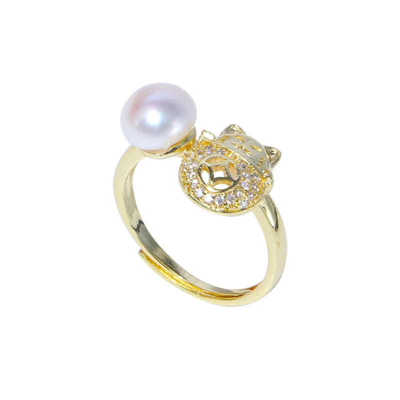 Fashion fortune cat design 14K gold plated 7-8mm button  pearl ring  with cheap price