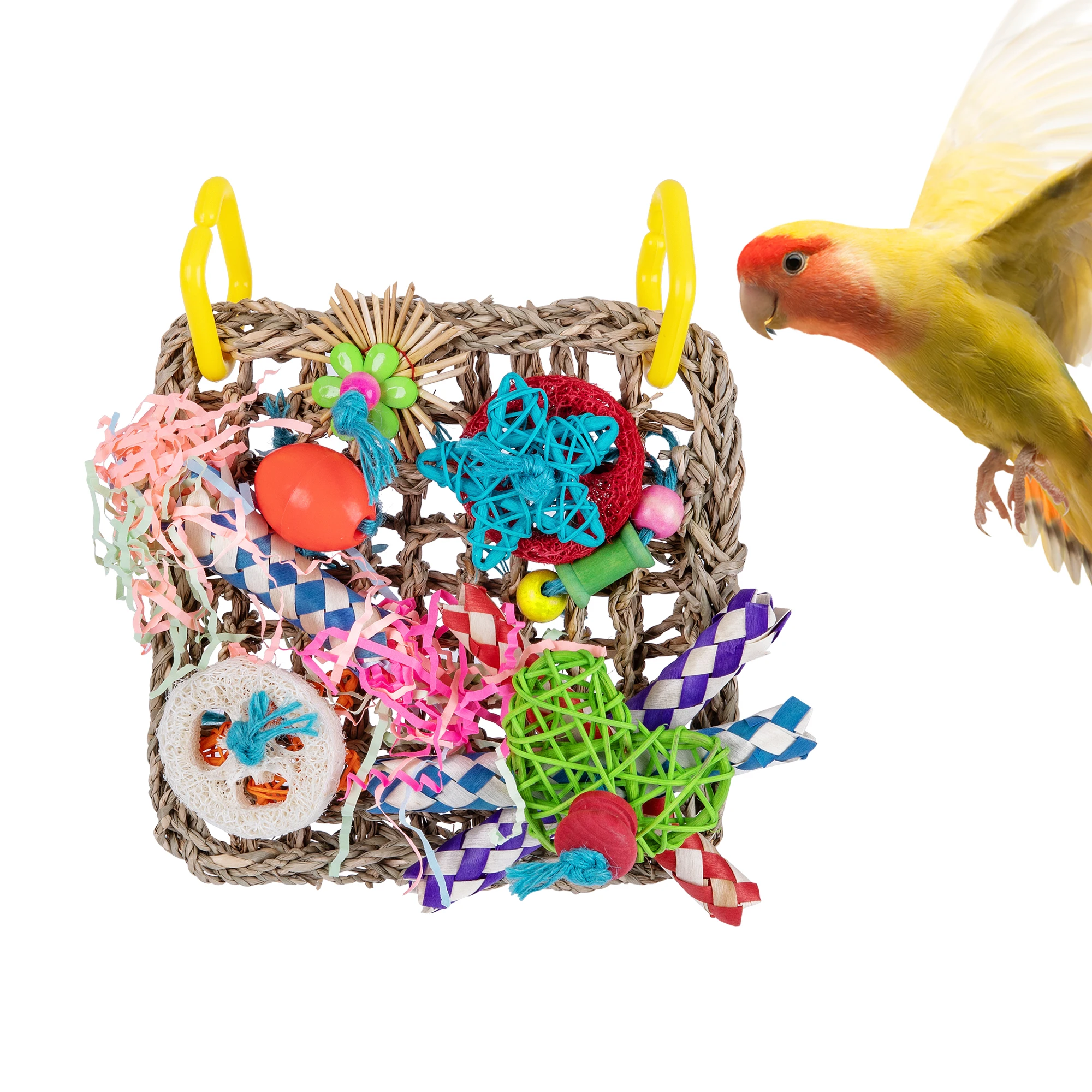 Bird Toys Bird Foraging Wall Toy Edible Seagrass Woven Climbing Hammock Mat with Colorful Chewing Toys Suitable for Lovebirds