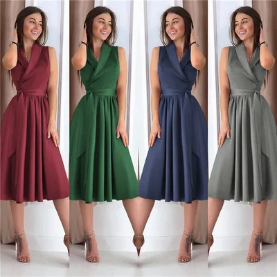 New hot manufacturers direct fashion design   V Neck Sleeveless Office Dresses For Ladies Solid Color Elegant Ruffles Dress