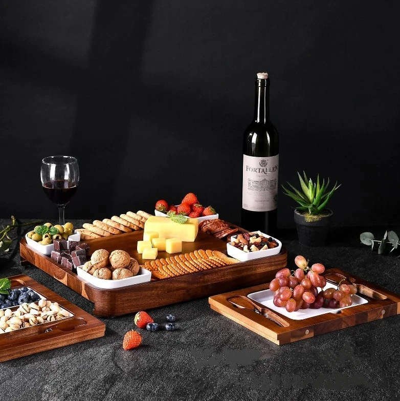 Acacia Wood Cheese Board Set Square Shaped Charcuterie Boards Cheese Platter With Stainless Steel Cutlery