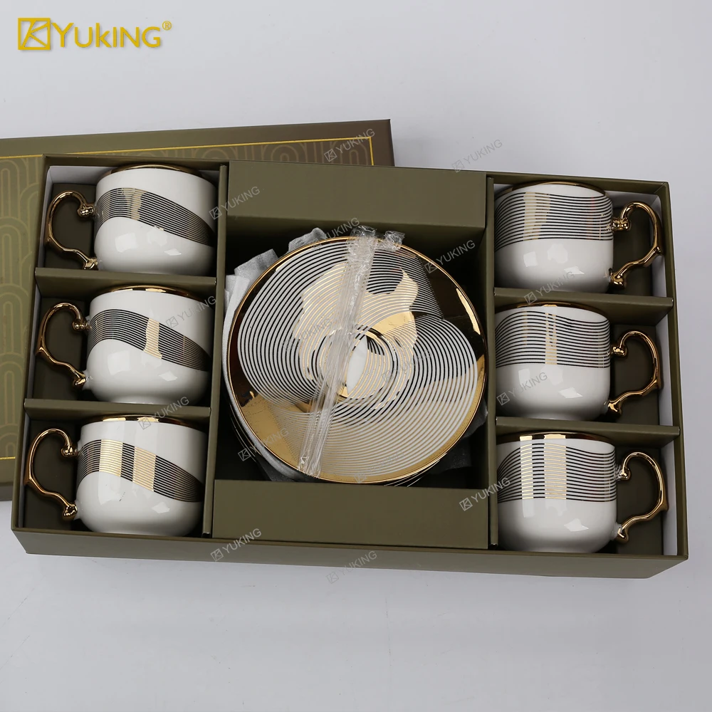 Modern Luxury 12pcs Turkish Coffee Cups Set golden porcelain cups Arabic Style Coffee Set with Gift Box