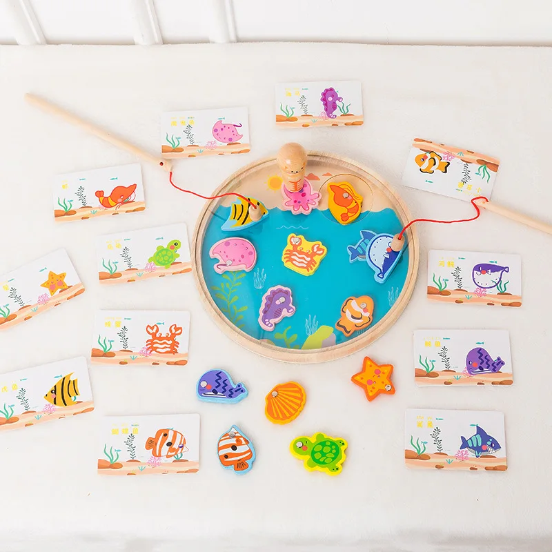 Wholesale Wooden Cat Fishing Toy for Kids Double-Sided Alphabet and Number Educational Game