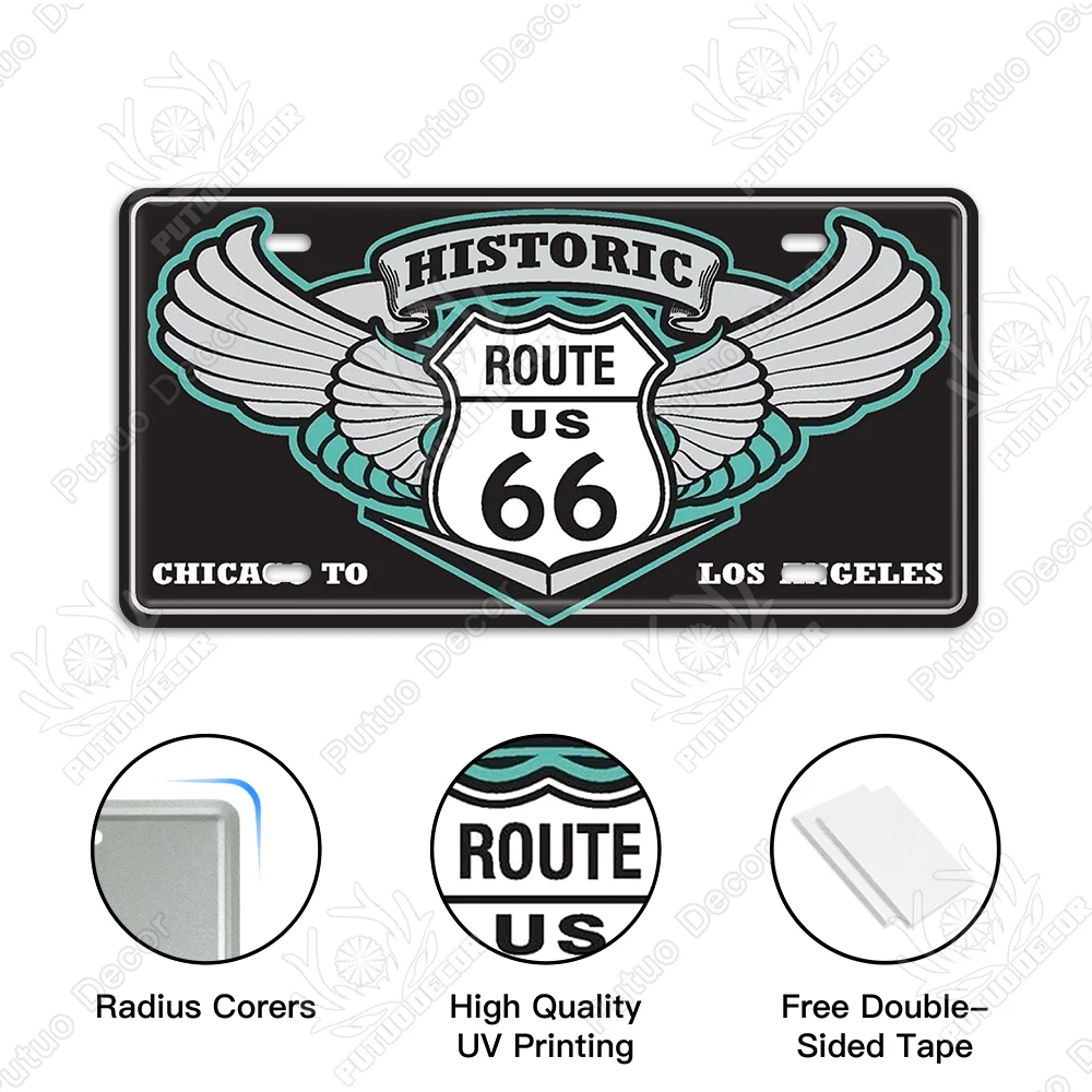 Putuo Decor Route 66 Car License Plate Metal Sign America Tin Printing Sign Garage Man Cave Decor