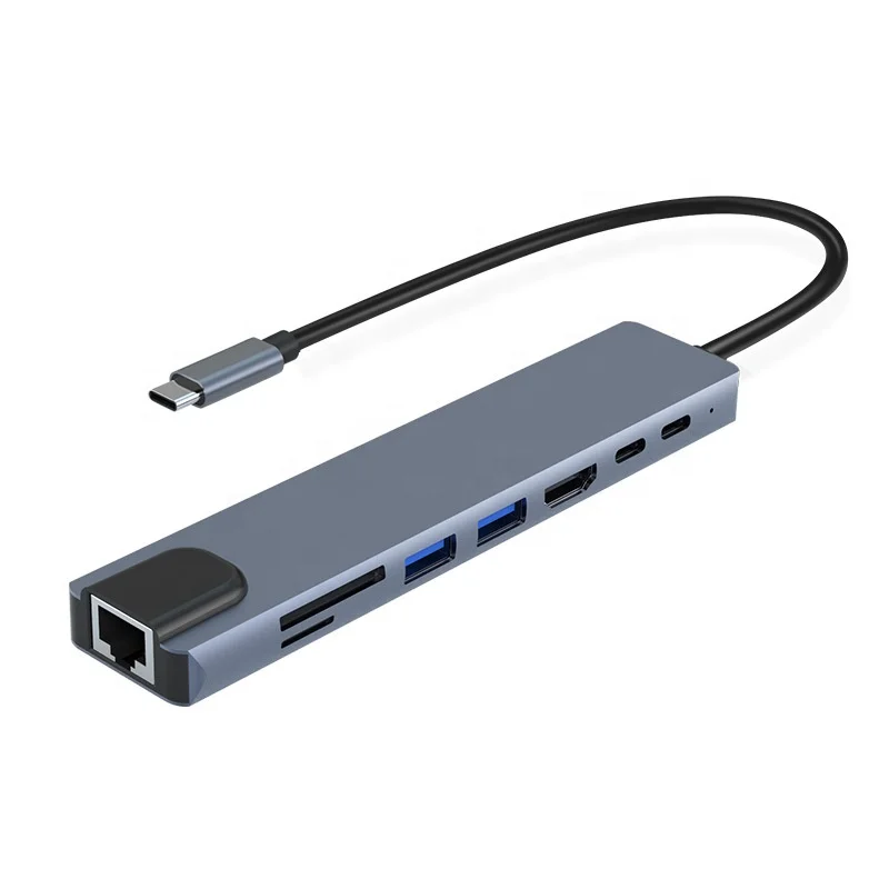 Type C to RJ45 Ethernet Adapter 8 in 1 USB Hub with 4K HDMI,TF/ SD Card Reader, USB-C, PD charging, 2 USB-A for MacBook and more