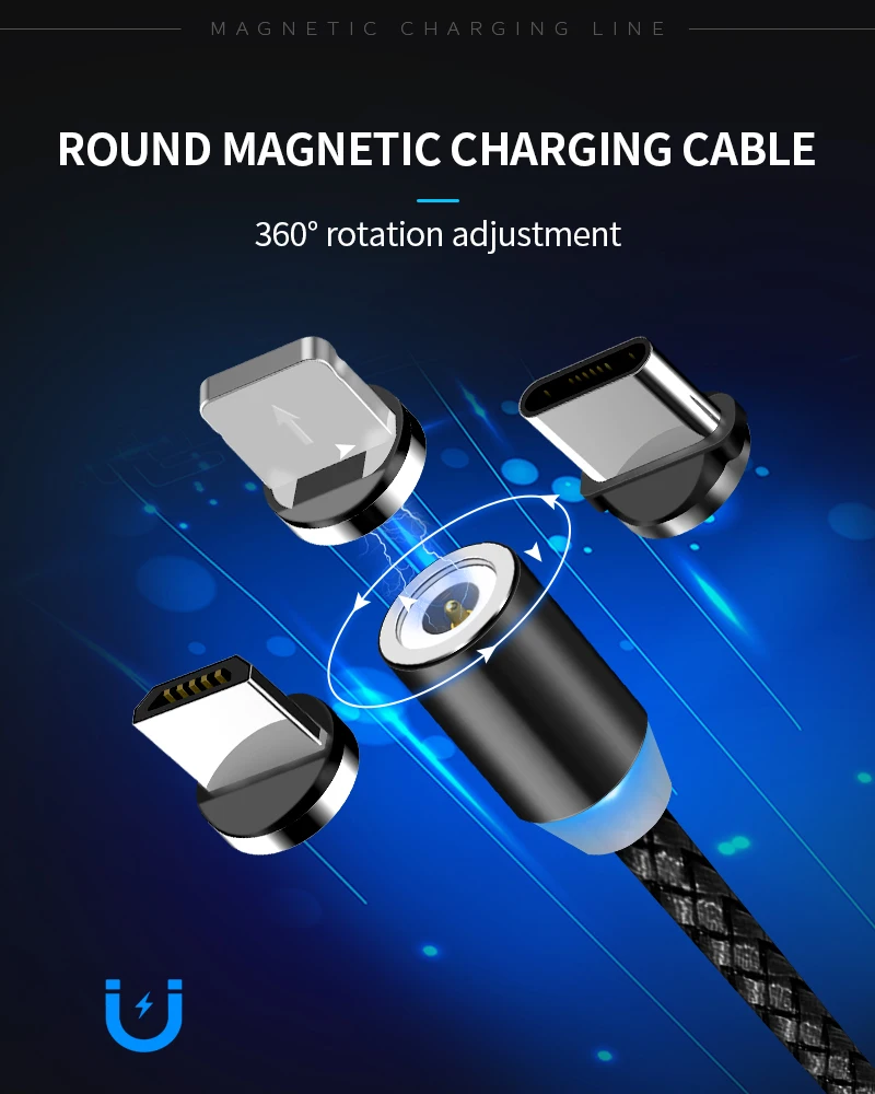 Mobile Phone Cables Wholesale 3 in 1 USB 360 degree Rotating 1m 2m 3m Magnetic Charging Cable