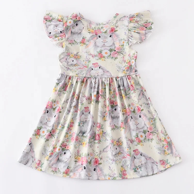 Girlymax 2023 Easter Bunny Rabbit Milk Silk Ruffle Short Sleeve Knee Length Boutique Twirl Baby Girls Kids Dresses