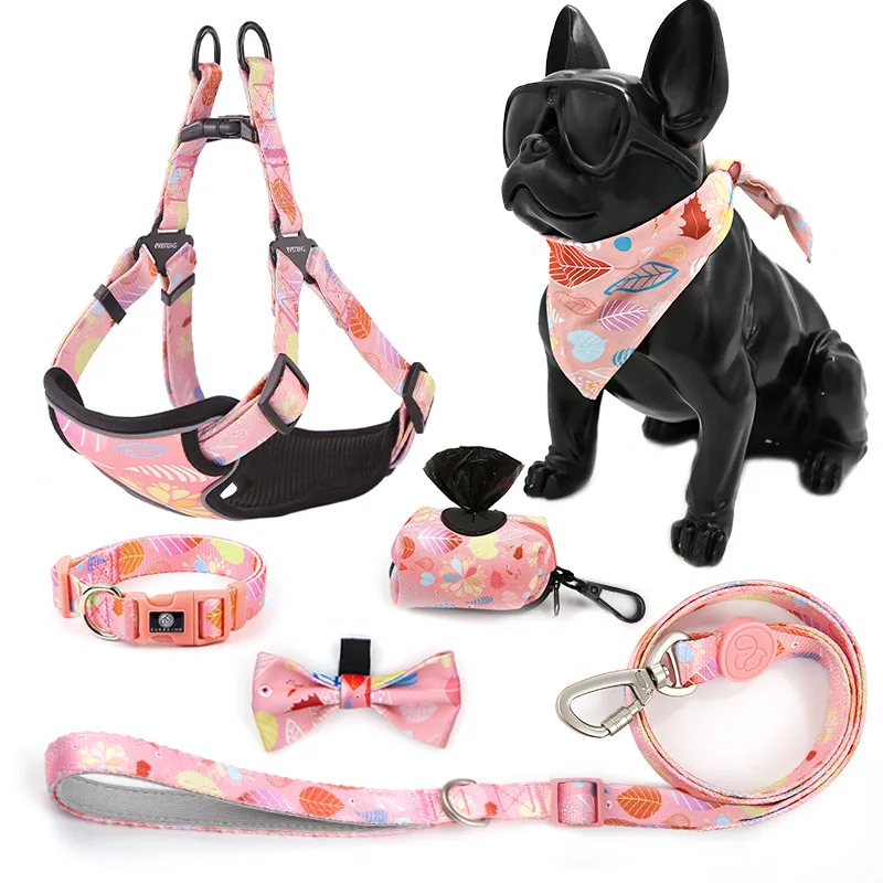 Reflective Dog Harness Bandana Bowtie Collar and Leash Vest Harness Set Outdoor Dog Collar for Small Large Dog Accessories