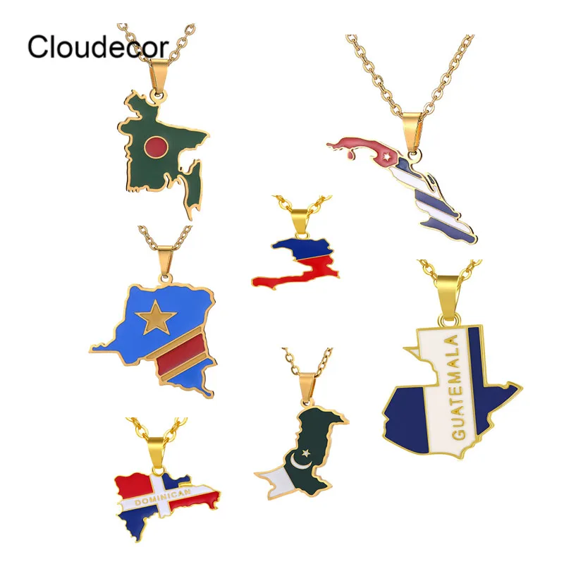 Hot Custom Countries Pakistan Flags Map Enamel Necklace Mens Stainless Steel Necklace Design Jewelry Gold Plated Chain Necklace
