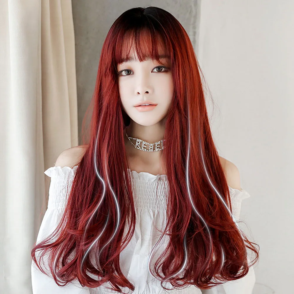 7JHH WIGS Wholesale Price 26 Inches Long Wavy Wig With Bangs 150% Density Natural Colored Synthetic Hair Wigs For Women