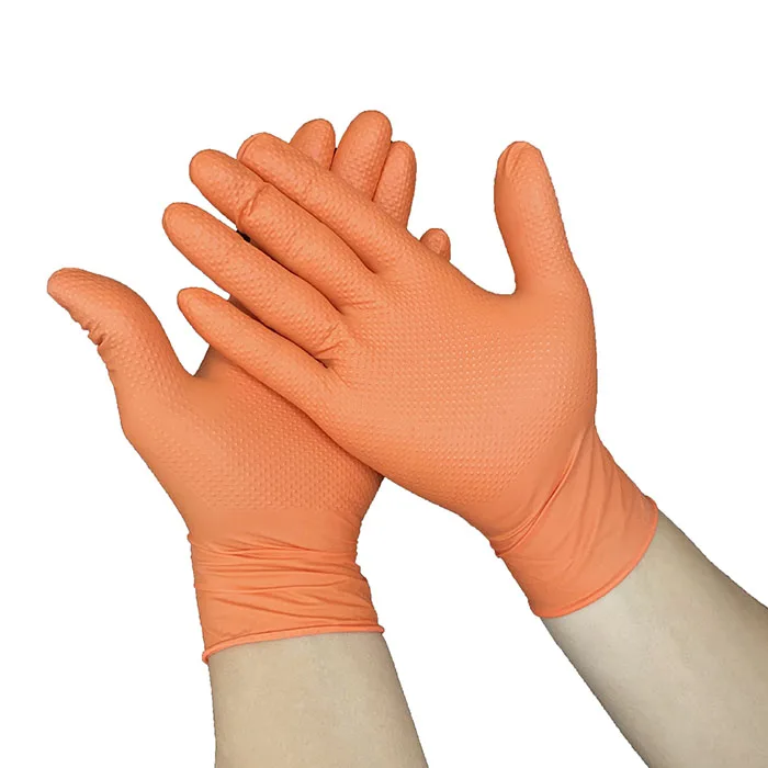 Industry Grade Tough and Durable Orange Black Nitrile Diamond Textured Work Gloves for Auto Repairing