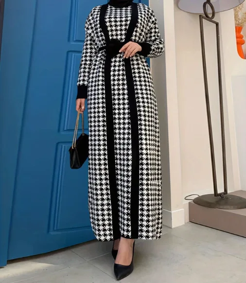 Thousand-bird lattice long-sleeved coat fashion dress set
