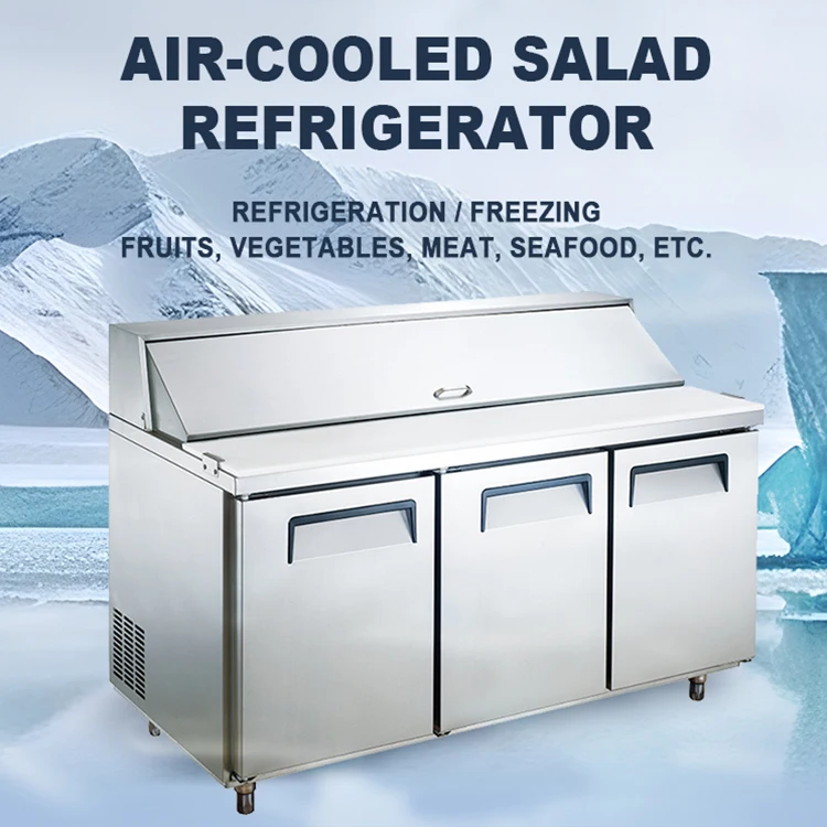 Commercial 2 doors stainless steel exterior salad pizza preparation table fits pans display refrigerator chiller restaurant