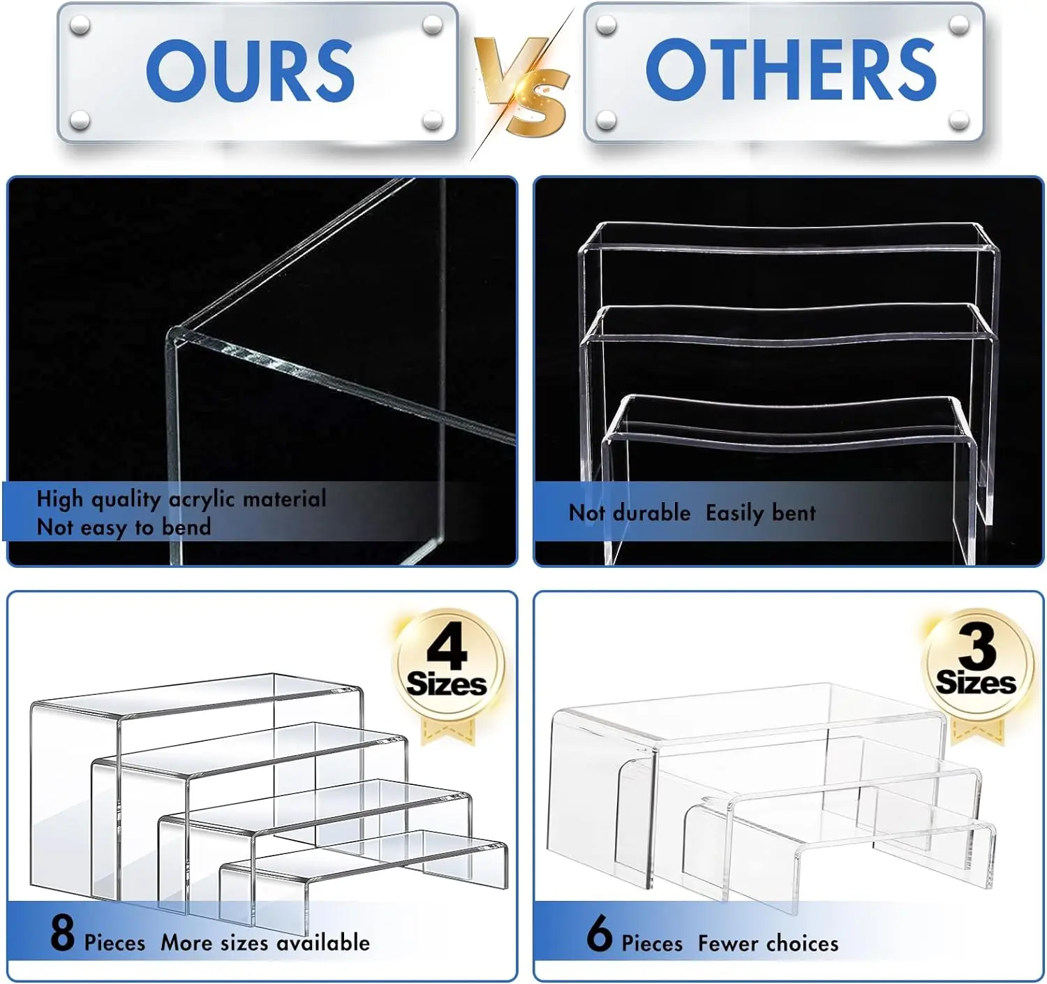 8 Pcs 2 Set Acrylic Display Set Rectangular Stands Shelf Clear Display Risers, Cake and Pop Shelves Retail Showcase(1-3-4-5IN)