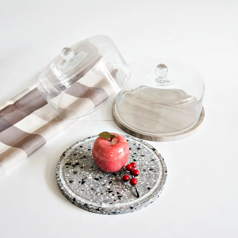 
Natural marble round base cheese dessert birthday cake display stand board with glass cover lid dome 