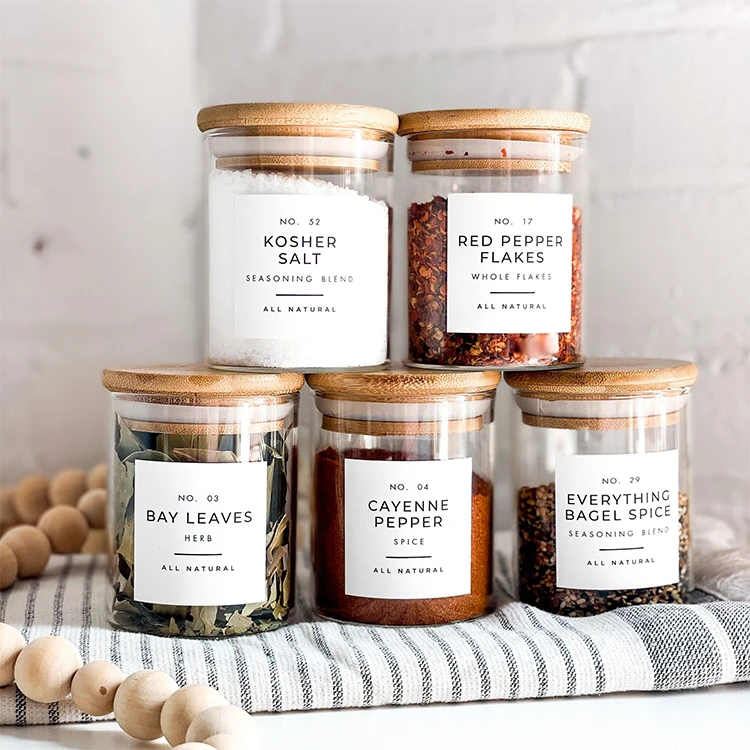 Hot Selling 2oz 4oz 6oz 8oz 10 Oz 120ml 200ml Kitchen Transparent Glass Bamboo Lid Spice Container Jar with Labels Sticker