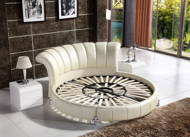 Smart leather round bed big size white bed  leather bed furniture bedroom