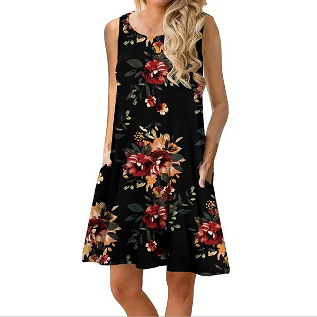 New product 2021 apparel ladies dress printed sleeveless summer dress pocket casual dresses for women