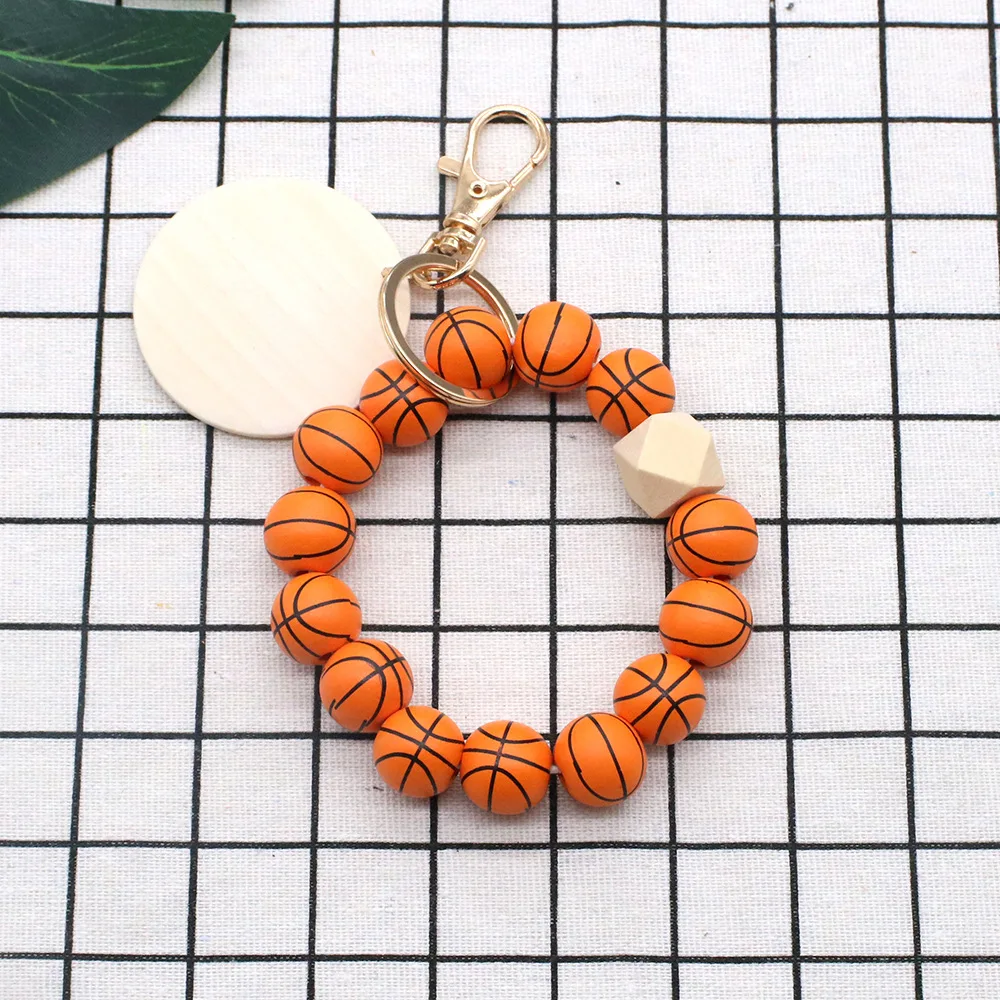 Baseball Sporty Wristlet Key Ring Wood Sublimation Disc Rugby Football Basketball Wooden Beaded Bracelet Pendant keychain