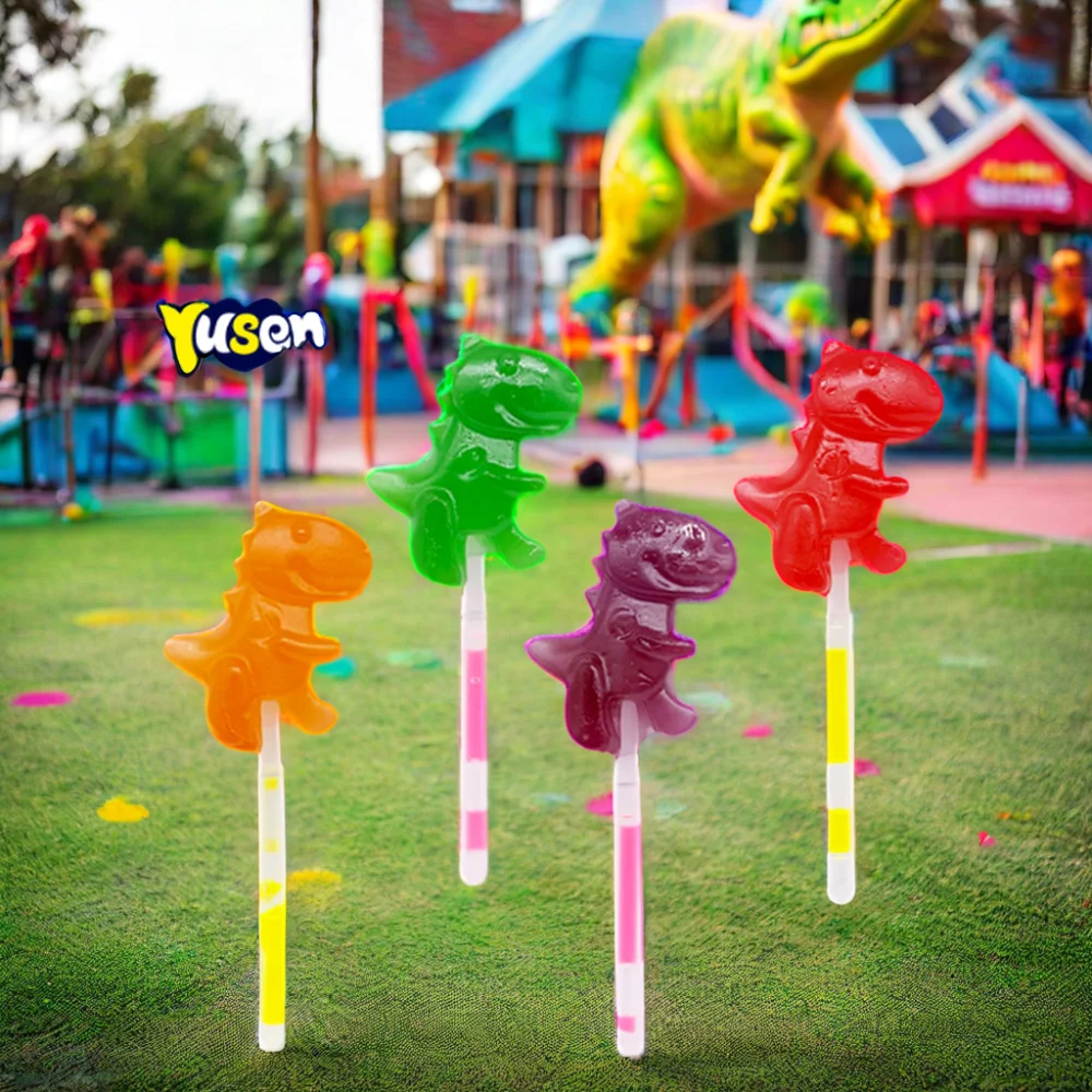 High Quality Dinosaur Shaped Fruity Flavor Hard Candy Lollipop Multi-Color Glow Stick for Kids