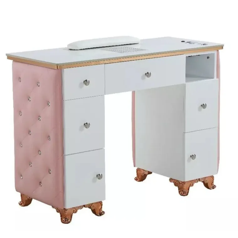 Manicure Table Nail Station Marble Top Desk with nail table lamp, Pink nail tech table with Tufted Cushion and PU