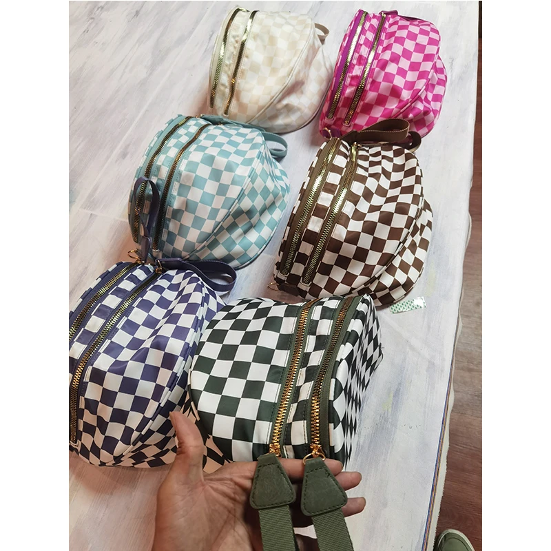 Fanny Pack Women Checkered Nylon Bum Waist Bag Fashion Travel Shoulder Purse Crossbody Sling Bag