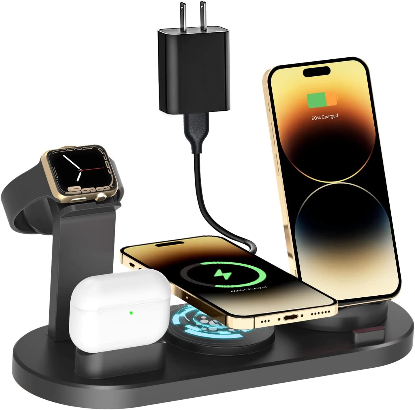 Top Selling Products 2022 Tabletop Fast Charging 6 In 1 Rotate Holder Universal Wireless Charger For Android and iPhone 14 13 12