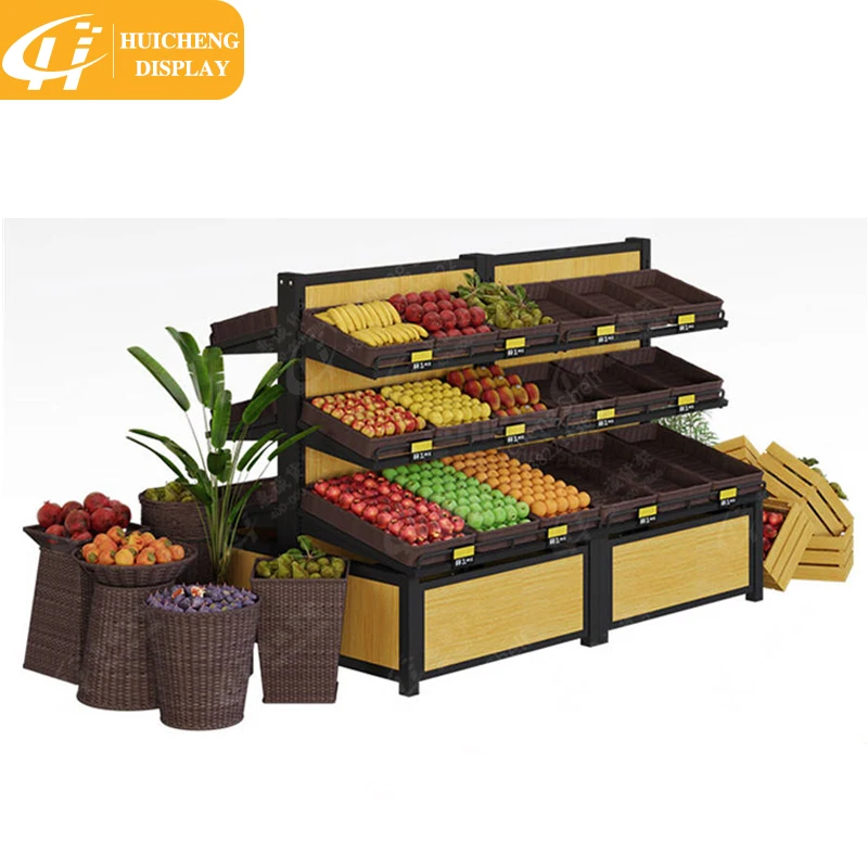 Customizable supermarket store display metal wooden fruit and vegetable stand rack and gondola shelf for sale