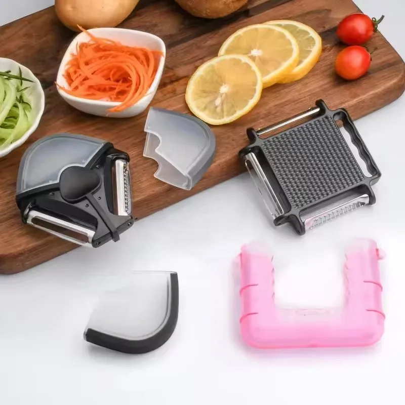 3 in 1 Square Swivel Julienne Serrated Vegetable Peeler Citrus Fruit Peeler for Orange Lemon Carrot and Potato Peeler with Cover