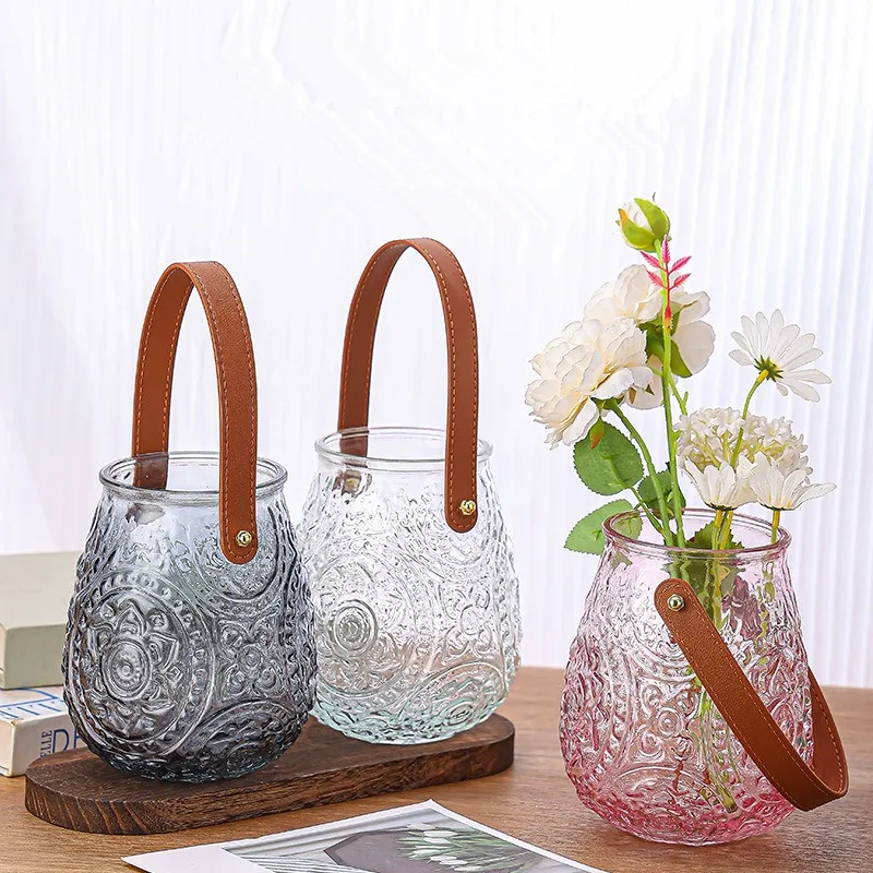 Nordic Style Ins Leather Decorative Glass Crystal Vase High-End Home Purse Wholesale Light Luxury Embossed Glass Bottle Premium