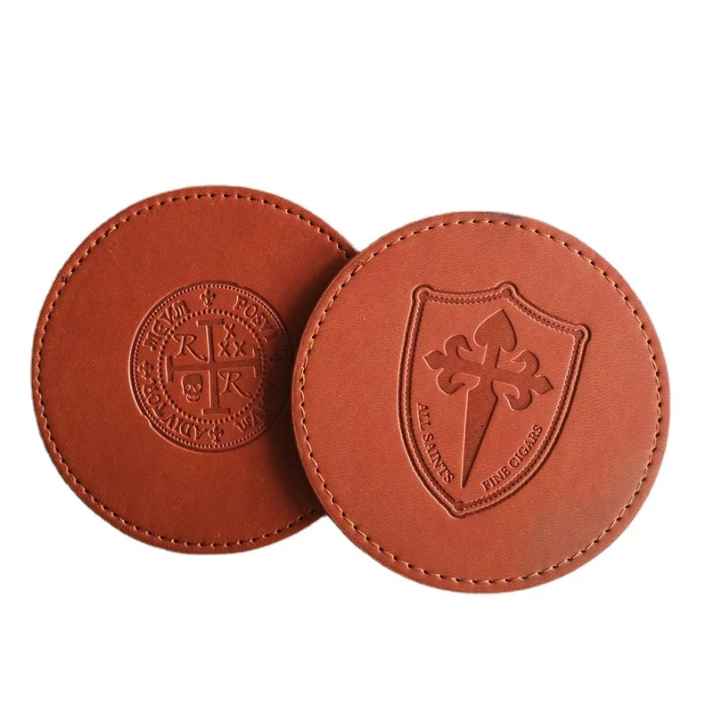 Custom Embossed Logo Printing Cup Mat Blank PU Leather Coaster for Restaurant