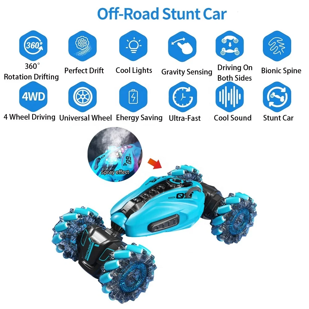 AiJH 4WD Remote Control Gesture Sensor Toy Cars Sided Rotating Off Road Vehicle 360  With Lights Music RC Spray Stunt Car