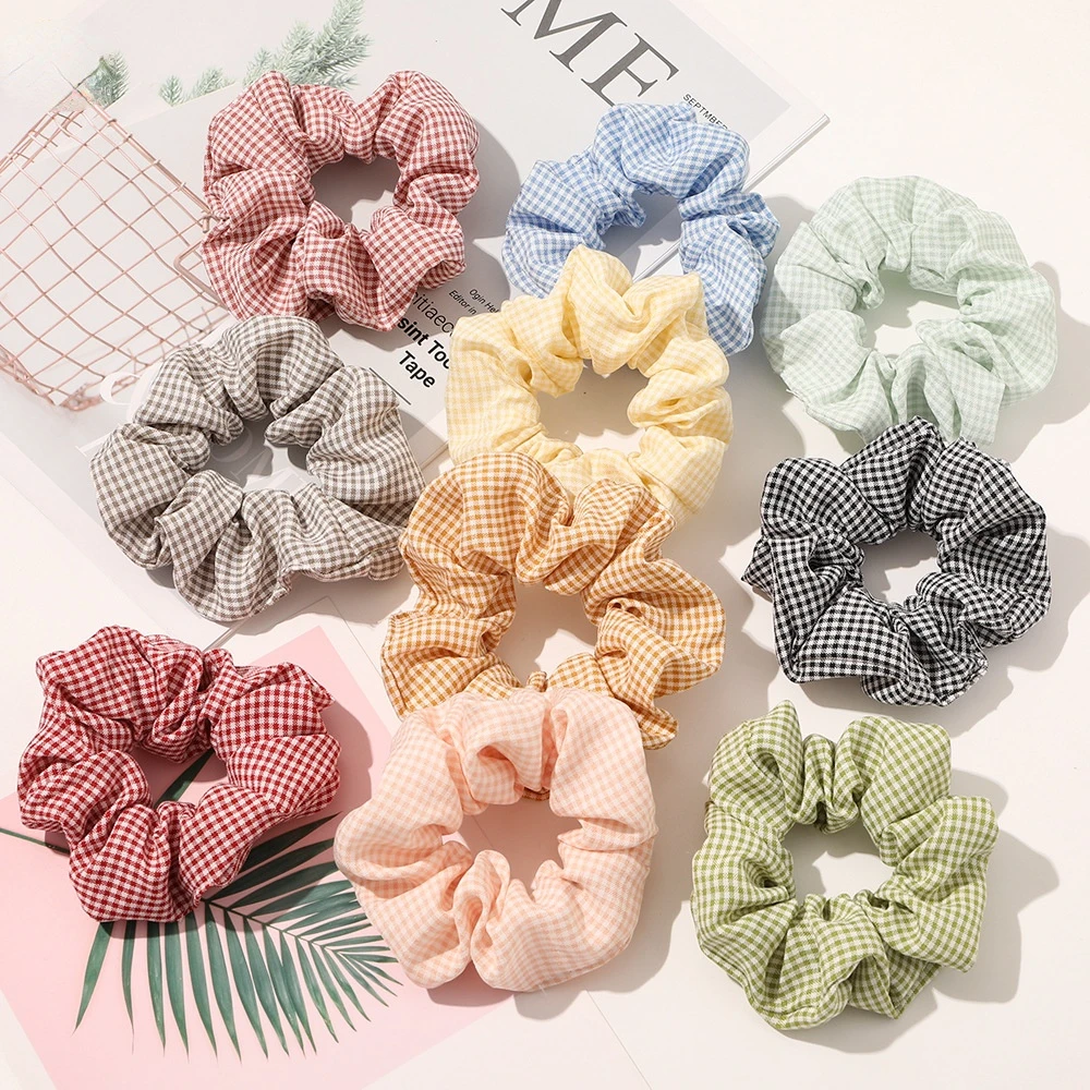 Sweet Girls Scrunchies Candy Color Grid Hair Ties Girls Ponytail Holders Rubber Band Elastic Hair Band Hair Accessories