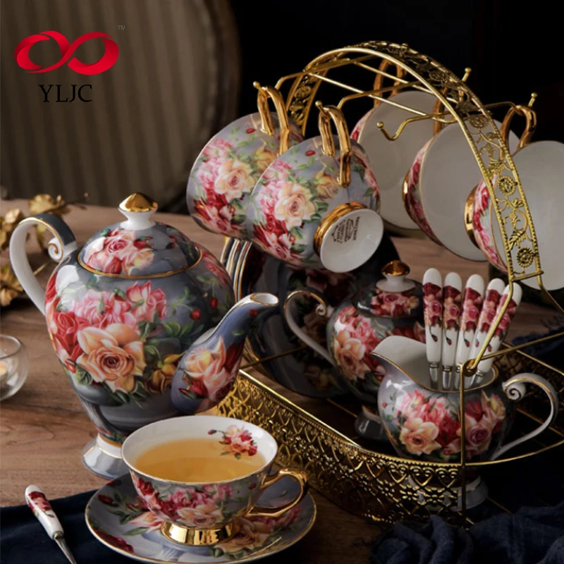 17pcs tea coffee cup set vintage flower exquisite ceramic saucer teapot and cup set