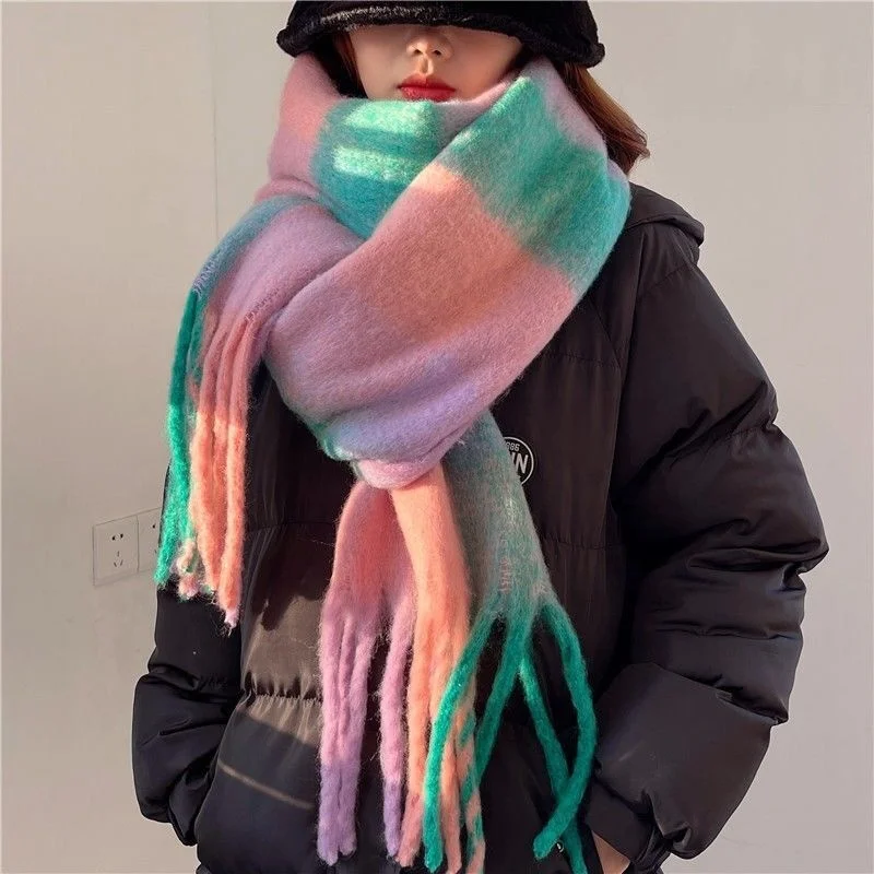 Autumn Winter Women Colorful Fluffy Scarf Large Thicken Mohair Plaid Cashmere Scarf
