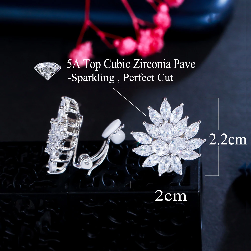 Dropshipping Flower Shape Stunning White Cubic Zircon Wedding Women No Hole Ear Clip on Earrings Without Piercing Jewelry
